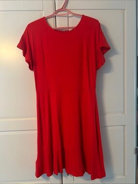 Loft Coral Short Sleeve Dress With Flutter Sleeve and Ruffle Hem